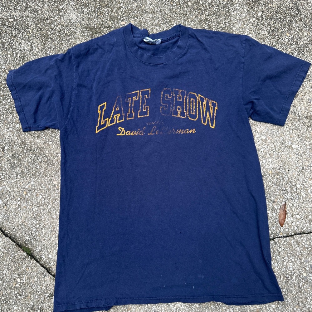 Vintage 90s Late Show David Letterman Lee T-Shirt Navy Blue USA Large Distressed